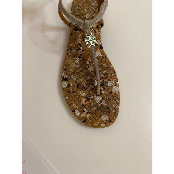 TORY BURCH‎ Marion Confetti Quilted T-Strap Sandals Women 6M Silver Logo Shoes - Picture 11 of 15